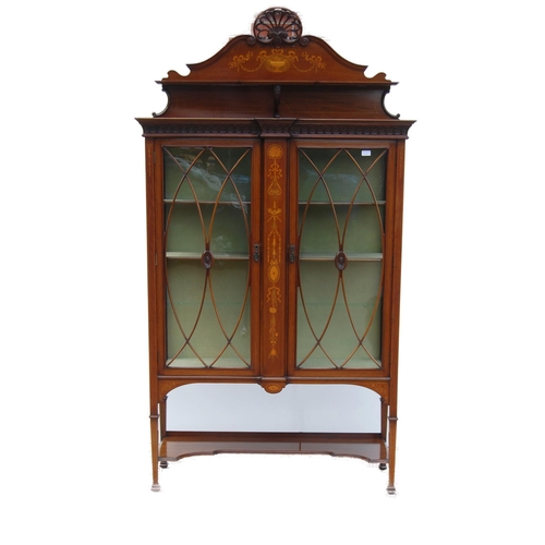 337 - Edwardian inlaid mahogany display cabinet in the manner of Edwards & Roberts, the carved pedimen... 