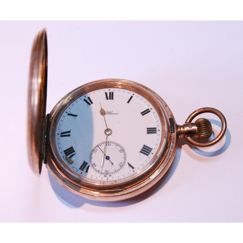 107 - Waltham keyless lever watch, 7 jewels, in 9ct gold hunter case, 55mm, 1910, gross weight of case wit... 