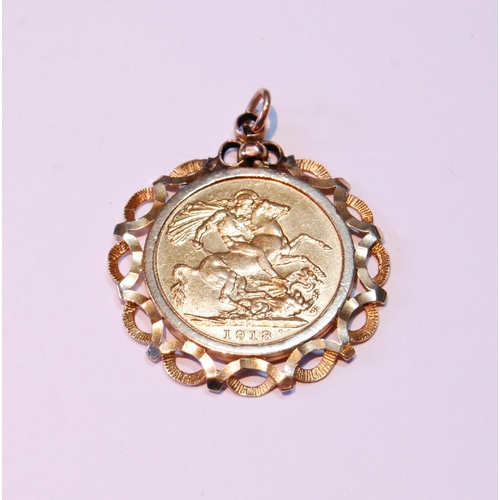 84 - Gold sovereign, 1918, 9ct gold detachable mount, 10.1g.