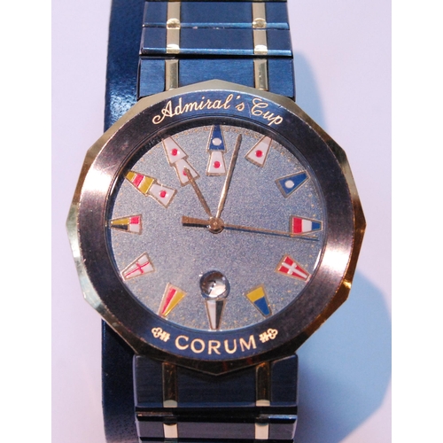 130 - Gent's Corum Admiral's Cup quartz watch, '18ct gold/st steel' with case, papers and spare links.