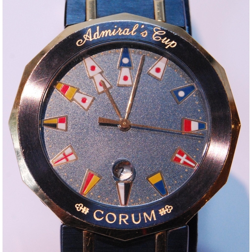 130 - Gent's Corum Admiral's Cup quartz watch, '18ct gold/st steel' with case, papers and spare links.