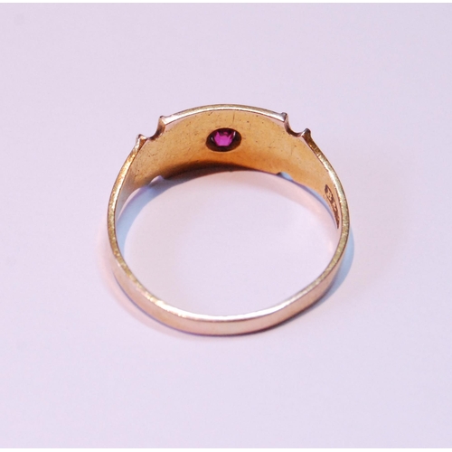 49 - Victorian pearl and ruby ring in 15ct gold, size L.