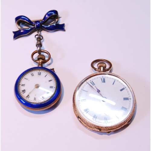 108 - Geneva lever watch in gold open face case, '18k', and a similar cylinder watch in enamelled case wit... 