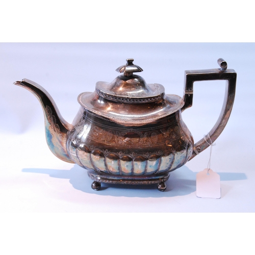 91 - Silver teapot of rounded boat shape, gadrooned and engraved, by George Ferris, Exeter 1815, 662g or ... 