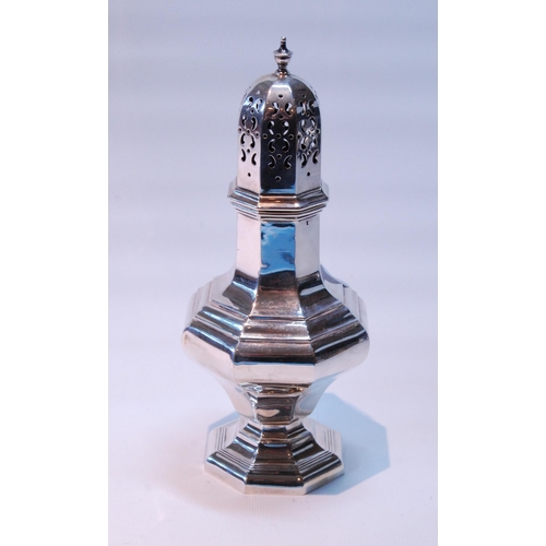 92 - Silver octagonal baluster caster by Walker & Hall, Sheffield 1913, 200g or 6oz.