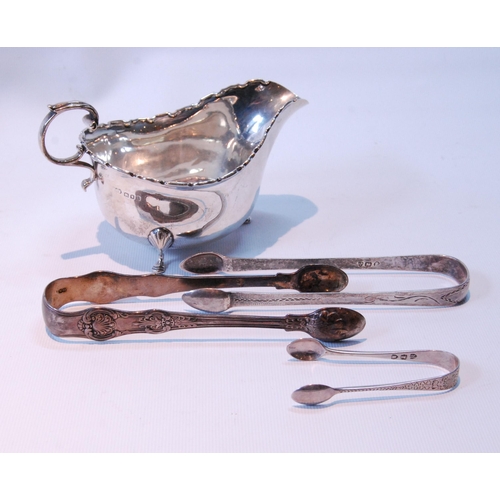 95 - Silver sauce boat, 1918, sugar tongs by Dorothy Langlands, c. 1790, and two others, 216g or 7oz.&nbs... 