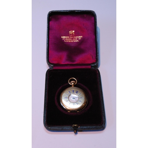 109 - Lady's Swiss keyless cylinder watch, for Hunt and Roskell, in 18ct gold half hunter case, c. 1860.