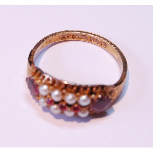 60 - Victorian ring with pearls and rubies on engraved band, in 15ct gold, 1877, size R, 2.8g gross.