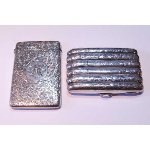 102 - Silver cigarette case, ribbed and engraved, Birmingham 1896, and a gent's card case, 1901, 113g or 3... 