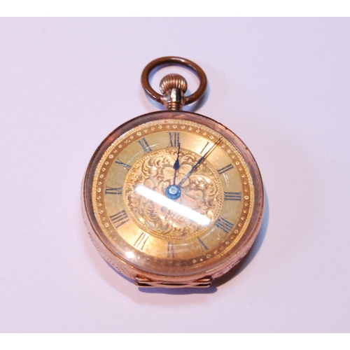 110 - Geneva keyless cylinder watch in engraved gold open face case, 'k14', 32mm.