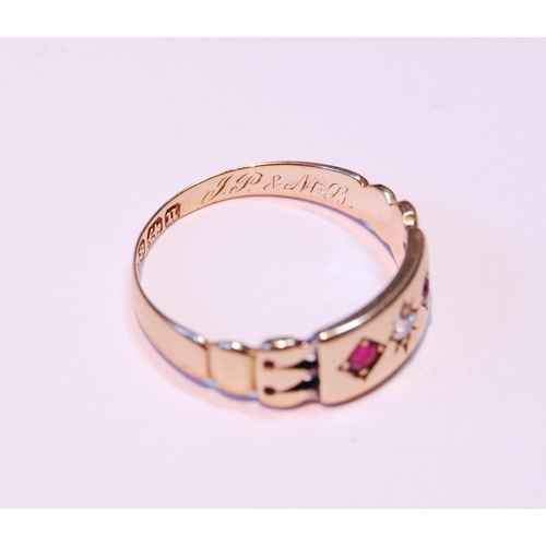 65 - Edwardian 18ct gold ring with a diamond and two rubies, 1894, size M, 2.7g gross.