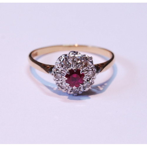 66 - Diamond and synthetic ruby cluster ring, '18ct gold', size R, 3.1g.