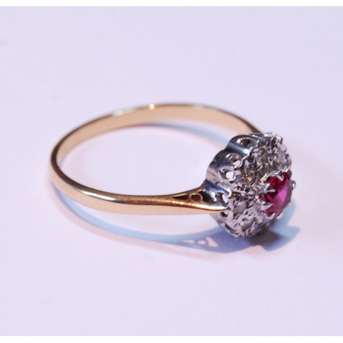 66 - Diamond and synthetic ruby cluster ring, '18ct gold', size R, 3.1g.