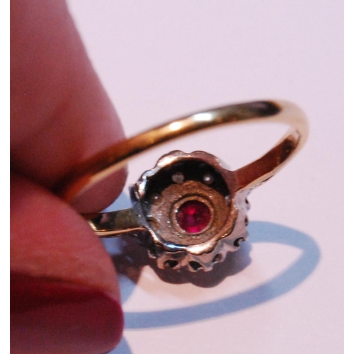 66 - Diamond and synthetic ruby cluster ring, '18ct gold', size R, 3.1g.