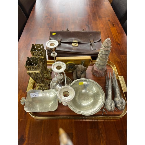 634 - Assorted electro plated ware, leather bag etc