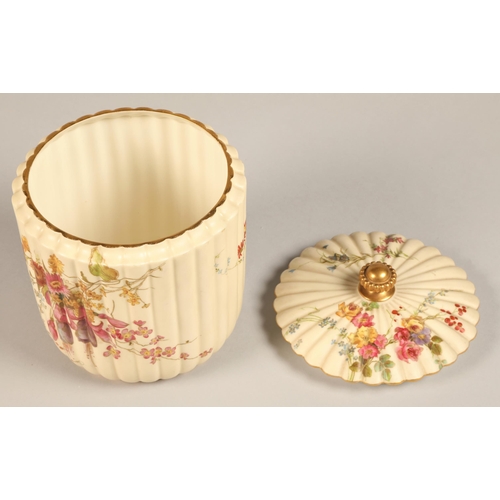 34 - Royal Worcester blush ware jar and cover, reeded form, decorated with hand painted flowers, No 1282,... 