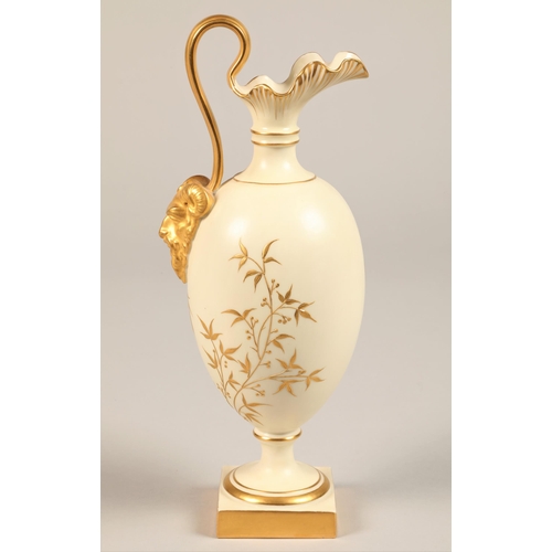 39 - Royal Worcester ewer, baluster form, square foot, gilt scroll handle with bacchus mask, decorated wi... 