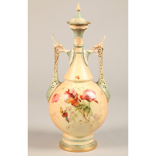 40 - Royal Worcester twin handled vase and cover, baluster form with reticulated handles, decorated with ... 