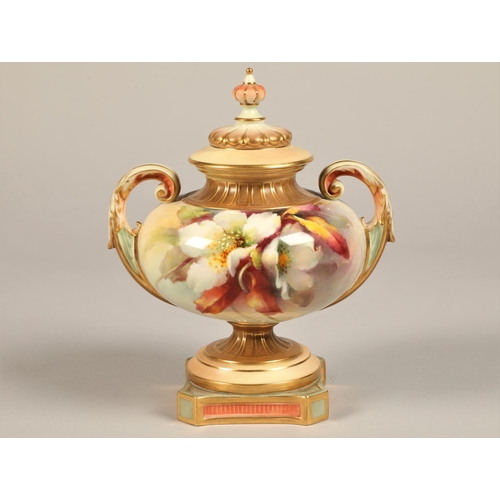 41 - Royal Worcester vase and cover, twin scroll handles raised on square base decorated with hand painte... 