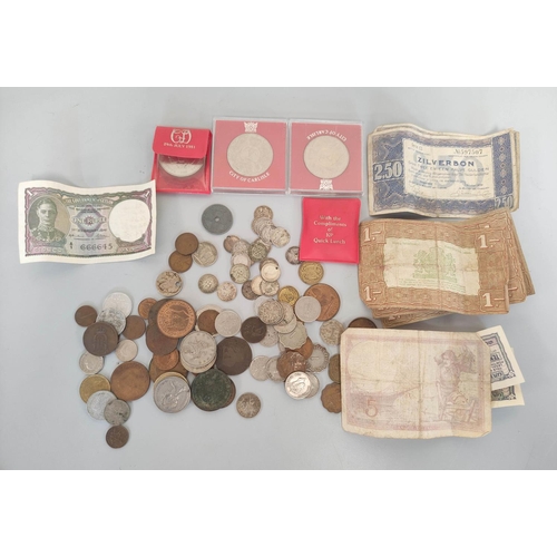 179 - Bag of world coins and banknotes to include British silver threepences, U.S buffalo nickels and whea... 