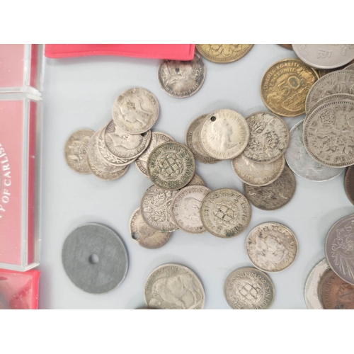 179 - Bag of world coins and banknotes to include British silver threepences, U.S buffalo nickels and whea... 