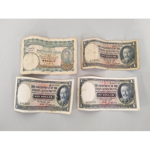 186 - Banknotes. Three Straits Settlements one dollar notes dated 1st January 1935 and a Malaya 25 cents n... 