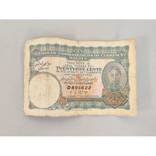 186 - Banknotes. Three Straits Settlements one dollar notes dated 1st January 1935 and a Malaya 25 cents n... 