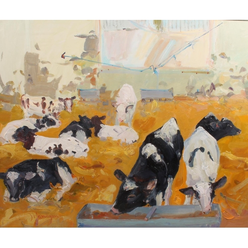 281 - JAMES HARRIGAN RGI (Scottish 1937) *ARR* Untitled cows feeding Oil painting, signed lower left, 48cm... 