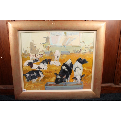 281 - JAMES HARRIGAN RGI (Scottish 1937) *ARR* Untitled cows feeding Oil painting, signed lower left, 48cm... 