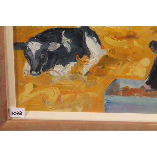 281 - JAMES HARRIGAN RGI (Scottish 1937) *ARR* Untitled cows feeding Oil painting, signed lower left, 48cm... 