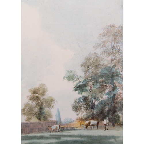 316 - THOMAS HOLLIS (British 1818-1843) Two men with cattle beside a clump of trees Watercolour, unsigned,... 