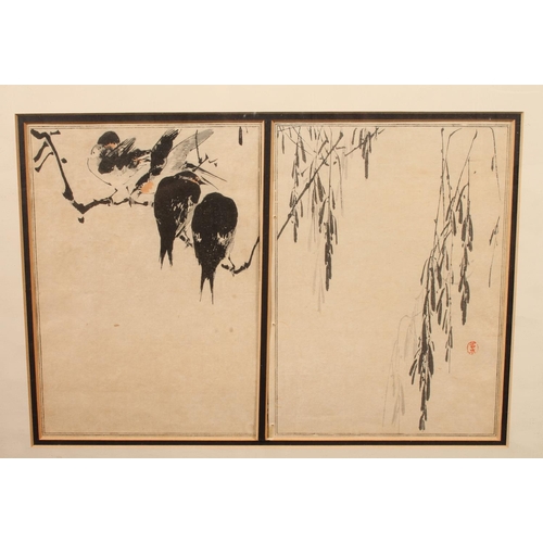 325 - WATANABE SEITI (Japanese 1851-1918) Birds on a branch, diptych Woodblock print, each 21cm x 15cm, fr... 