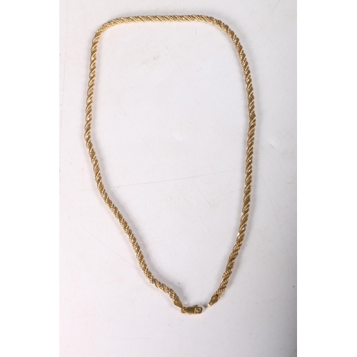 145 - 18ct gold rope-twist necklace with entwined white metal box link chain, stamped '750', 14.6g, 45cm l... 