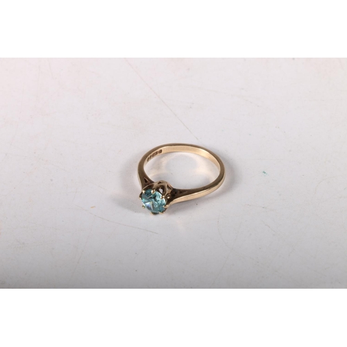 168 - 9ct gold ring with solitaire light blue zircon, approx. 1ct, size N, 2.6g. 