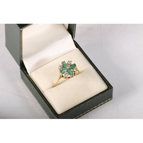 184 - 9ct gold cluster ring with 5 diamonds and 4 green stones, size N, 2.7g.