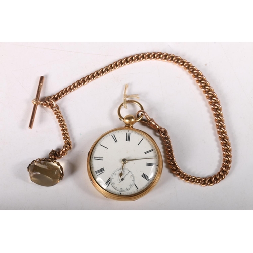 188 - 18ct gold cased open face pocket watch on 9ct gold albert chain with citrine fob, 150g gross.