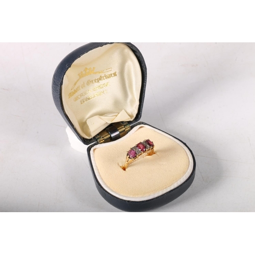 191 - 18ct gold dress ring with three oval cut pink stones separated by illusion set chip diamonds, size O... 