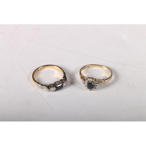 192 - 18ct gold dress ring with dark blue square cut stone flanked by two diamonds, size P, 2.9g, and a 9c... 