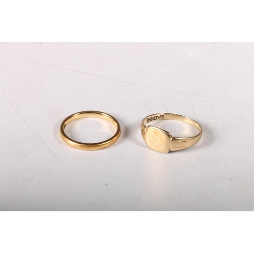 194 - 18ct gold wedding band, size 0, 3.2g, and a 9ct gold signet ring, size, R, 2.4g. 