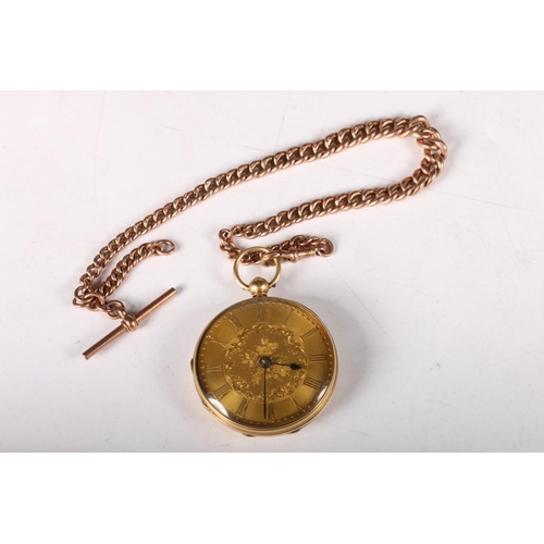 198 - Victorian 18ct gold open face pocket watch, 4cm diameter with 9ct gold albert chain, 17.2g (just cha... 