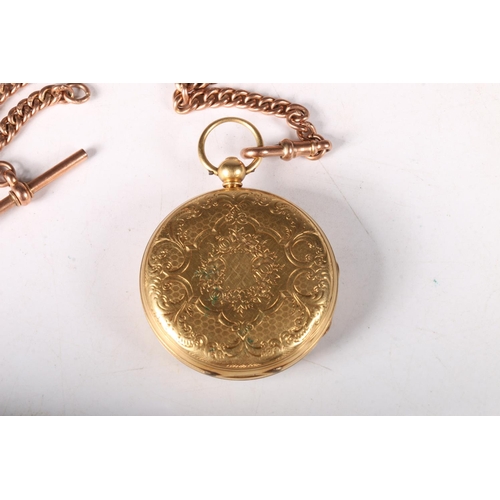 198 - Victorian 18ct gold open face pocket watch, 4cm diameter with 9ct gold albert chain, 17.2g (just cha... 