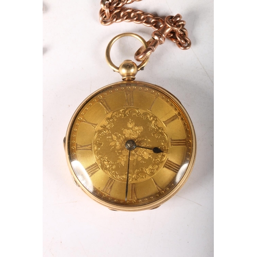 198 - Victorian 18ct gold open face pocket watch, 4cm diameter with 9ct gold albert chain, 17.2g (just cha... 