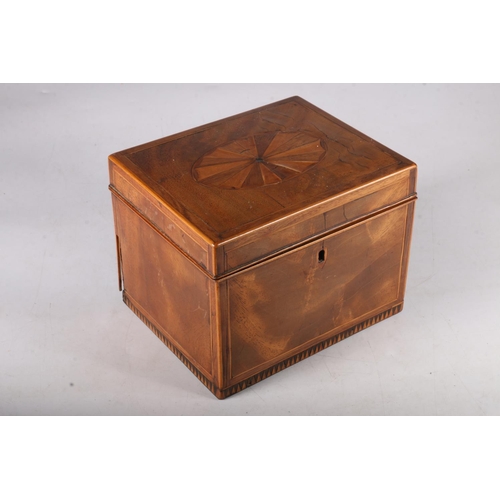 350 - 19th Century mahogany hinged box with mother of pearl playing pieces to the inside, 12cm tall.