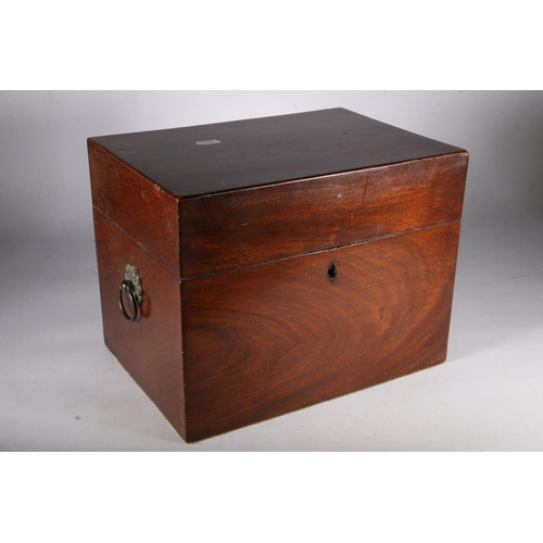 351 - Victorian mahogany hinged top box with fabric interior, with loop ring handles, 25cm tall.