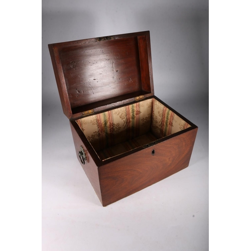 351 - Victorian mahogany hinged top box with fabric interior, with loop ring handles, 25cm tall.