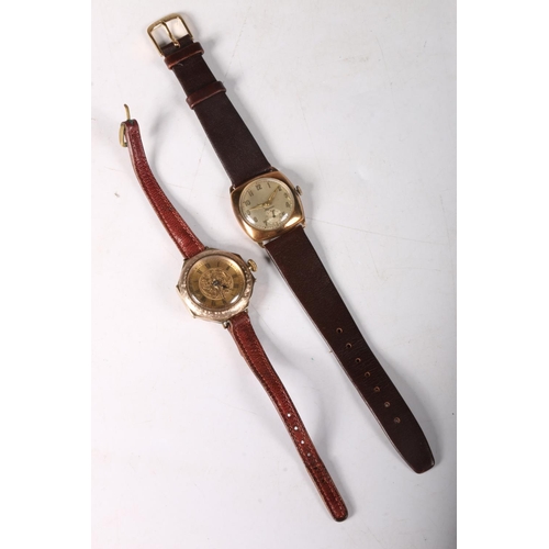 206 - Early 20th c. gold octagonal cased wrist watch on leather strap, and another Alpina 9ct gold cased w... 