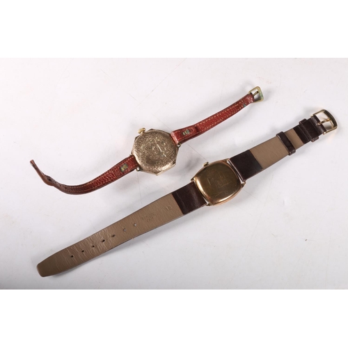 206 - Early 20th c. gold octagonal cased wrist watch on leather strap, and another Alpina 9ct gold cased w... 