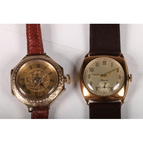 206 - Early 20th c. gold octagonal cased wrist watch on leather strap, and another Alpina 9ct gold cased w... 