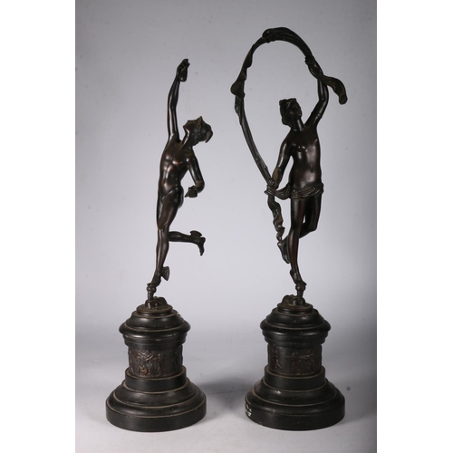 361 - Pair of 19th century patinated bronze figures modelled as Venus and Mercury, on classical putti deco... 