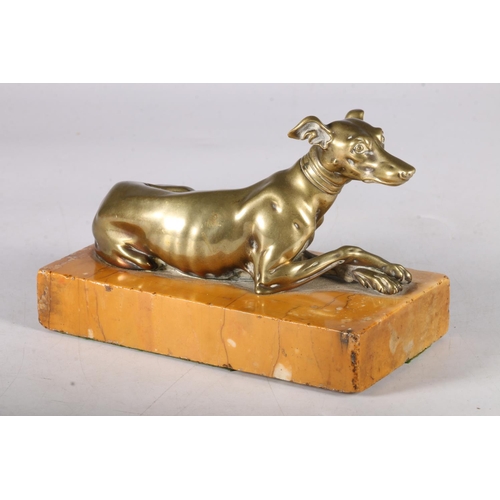 365 - Bronze seated greyhound on marble plinth base in the manner of Thomas Weeks of London, 16cm long.